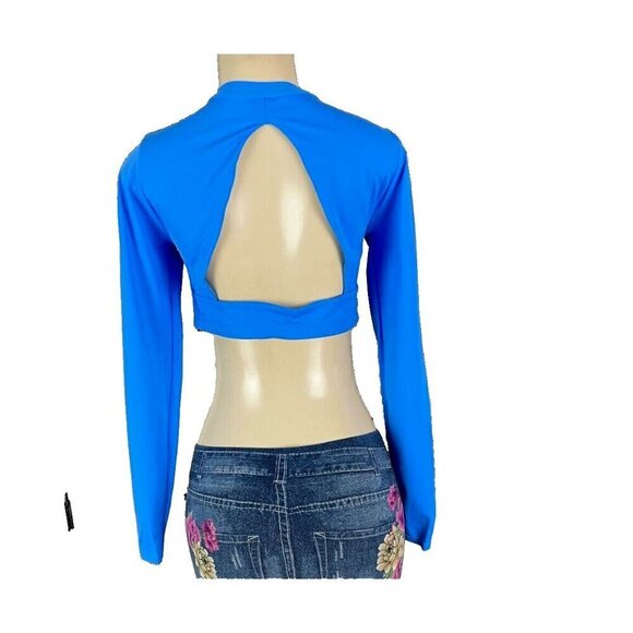 Swimsuit For All XL Blue Zip Front Open Back Lined Long Sleeve Crop Rash Guard - Picture 4 of 6